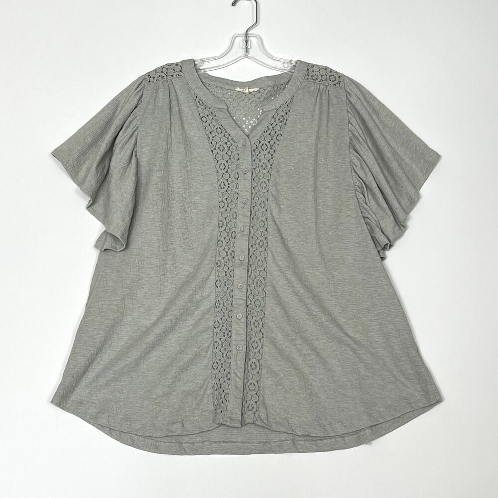 Easel Flutter Sleeve Button Up Lace Top Gray Wome… - image 3